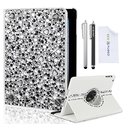 iPad Mini Etui Paket – inklusive 1 mit Strass besetztes, drehbares PU-Lederetui / 2 Stylus Stifte / 2 Display-Schutzfolien / 1 ECO-FUSED Mikrofaser Reinigungstuch - Ideal für Mädchen (grey)