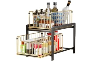 YunNasi Almacenaje Bajo fregadero 2 Niveles Organizador con cestas deslizantes Especiero con 2cajones Acero inoxidable Organizador para Cocina,Baño,Oficina (Regular, NegroOro)