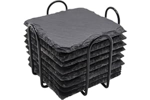 Slate Drink Coasters with Metal Holder, GOH DODD Set of 8 Black Coasters, 4 Inch Stone Coaster Set Coffee Table Decor Tabletop Protection for Home Kitchen Housewarming Gifts Wedding Party, Square