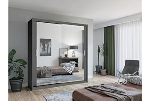 MN FURNITURE Modern Double Sliding Door Wardrobe 2 Mirrored Hanging Rails & Shelves Storage Cabinet for Bedroom (203cm, Houston Grey)
