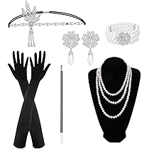 Set Accessori Anni '20 Donna - Fascia, Collana, Orecchini, Guanti E Portasigarette | Stile Flapper - Foto 4