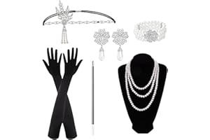 ZITUZY 6 pezzi accessori anni '20, Great Gatsby da donna, con fascia a fiocco, guanti neri, collana di perle, bracciale puntelli a mano