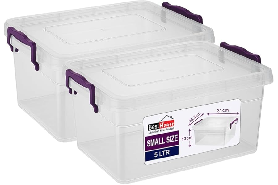 BH | 5L - Small Plastic Storage Box Bin with Lids - Pack of 2 | Stackable Clear Plastic Storage Container Use for Home, office, Kitchen, Toys and Goods (5 Litres) - By BEST HOUSE