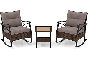 LIFEZEAL 3 TLG. Rattan Schaukelstuhl Set, Lounge Set für 2 Personen, Gartenmöbel Set mit 2 Sofas & Glastisch, Gartensitzgruppe mit Kissen für Balkon, Garten, Terrasse