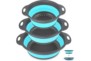 Pesutei Foldable Colander Set, Kitchen Silicone Foldable Pasta Strainer, Foldable Colander, Foldable Colander, Kitchen Utensils for Draining Pasta, Fruit and Vegetables, Blue, Pack of 3