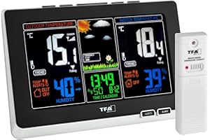 TFA Dostmann Spring Wetterstation, für Innen und Außen, Funk Außensensor misst Luftfeuchtigkeit, Taupunkt, inkl Funkuhr und farbig animiertes Display, L 210 x B 26 (60) x H 140 mm