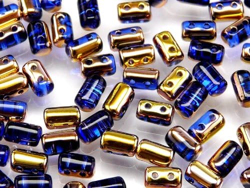 20 Grams (0,71 Ounces) Czech Glass Two-Hole Seed Beads RULLA 3x5mm Sapphire Gold Capri