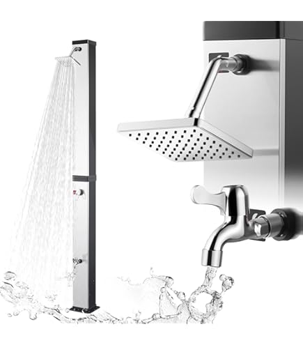 Douche Extérieure De Jardin En Acier Inoxydable V2A I 304 Brossé Eau Chaud Et Froid Avec Douchette Sauna Piscine Jardin Argenté 2 Raccords D'eau