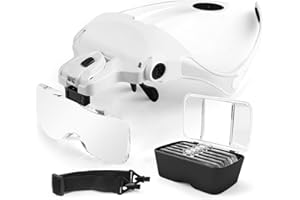 AUTOPkio Lentes de Aumento, Lupa con luz 2 LED, Lupas de Gran Aumento para Modelismo, Reparaciones, Coser, Joyería y Relojería, Intercambiables 5 Lentes 1.0X, 1.5X, 2.0X, 2.5X, 3.5X (Blanco)