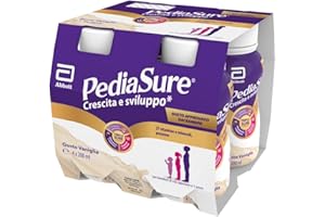 Pediasure Crescita e Sviluppo Drink, Integratore Bambini con Vitamine, Minerali, Proteine, per Difese Immunitarie, Concentrazione e Memoria, Formato Liquido 200 ml x 4 Pronto da Bere | Gusto Vaniglia