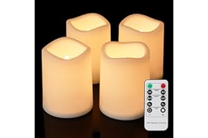 ‎FREEPOWER FREEPOWER 4 LED Outdoor Candles with Remote Control and Timer - Battery Operated - Flameless Pillar Candles Warm White Flickering - Plastic - Diameter 7.5 x 10 cm