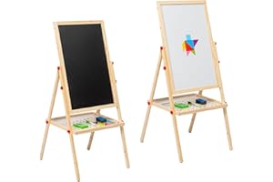KAYNUR 2 in 1 Double Sided White Board and Chalk Boards for Children Adjustable Height Wooden Easel with Accessories - 32 x 36 x 100 cm