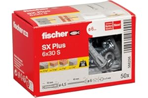 fischer Kołek rozporowy SX Plus 6 x 30 S, pudełko z 50 kołkami nylonowymi i pasującymi śrubami, kołkami rozporowymi do mocowania w betonie, cegle pełnej, betonie porowatym, cegle o wysokich otworach i