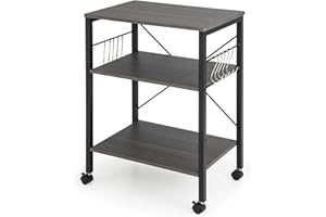 GiantexUK Kitchen Baker's Rack, 3 Tier Serving Cart Microwave Stand with Lockable Wheels & 5/10 Hooks, Rolling Storage Trolley for Home Office Living Room (Grey, 2 Adjustable Shelves)