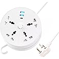 EMBOX Rotary Extension Board with USB C and USB A with Universal Sockets with Indicator-5 mtr Extension Cord, Multi Plug Socket with Safety Shutter(4 Sockets + 3USB Retractable)