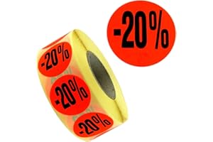 PB-ONLINEHANDEL Aktionsetiketten "-20%", selbstklebend permanent (festklebend), 32mm rund, Rolle = 1.000 Etiketten, leuchtrot
