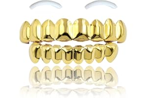Qiwenr 18K Grillz Hip Hop Plaqué or,Grille de Dents Brillant,Grillz Plaqué or,8 Dents Supérieures 6 Grilles Buccales Hip Hop à Dents Inférieures pour Hommes et Femmes