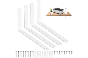 HMKESOTERIC 4 szt. wsporników regałowych, biały, kątownik metalowy, 90 stopni, regał do dużych obciążeń, uchwyt ścienny, półka regałowa, pływający uchwyt ścienny, ze śrubami, 25 x 14,6 x 2,4 cm