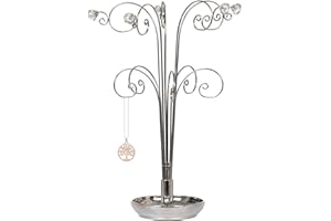 HOHIYA 15 Inch Necklace Holder Stand Jewellery Tree for Bracelets Watches Birthday Christmas Monther Day Party Home Gift Chrome Silver