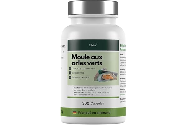 Moules aux orles Verts de Nouvelle-Zélande 1500 MG - Oméga 3 et glycosaminoglycanes - 300 gélules de Poudre de moules aux orles Verts, sans additif