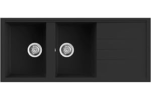 EVHOC Lavello ADHOC L Sopratop 2 Vasche con Gocciolatoio, Lavandino Reversibile per Cucina, Piletta Inclusa, Made in Italy, Nero, 116x50 cm