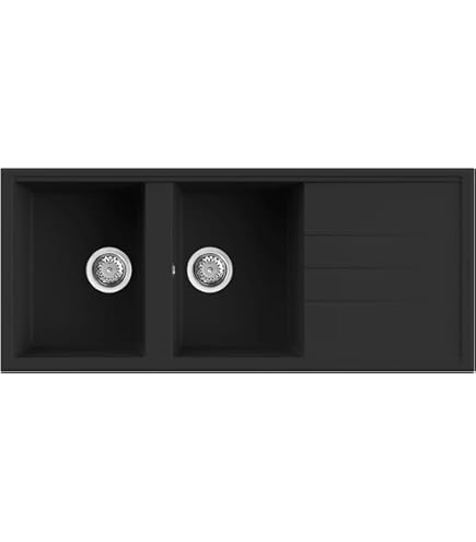 Lavello Da Cucina Romeo Nero 2 Vasche Con Gocciolatoio 116 X 50 Cm - Kuarzstone, Made In Italy - Foto 5