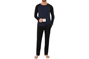 Jahetuul Pijama Hombre Invierno Algodón Conjunto de Manga Larga con Cuello Redondo Mangas Contrastadas con Puños y Tobillos Ajustados Ropa de Dormir Cómoda