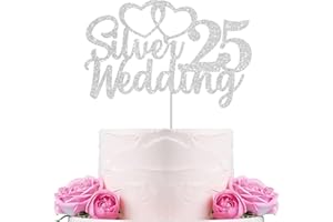 Gidobo 25th Wedding Anniversary Cake Toppers with Heart Cupcake Toppers, Glittery Silver Weddding Anniversary Heart Cake Decoration for Celebration Party Supplies