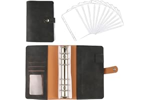 AMO HERMOSO A6 Budget Binder en PU Cuir, Porte Documents Multifonctionnel avec 12 Pochettes Transparentes Zippées Dossier de Conférence Classeurs à 6 Anneaux, Softcover noir