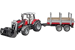bruder 02046 - Massey Ferguson 7480 con cargador frontal, remolque de transporte de madera, 3 troncos, tractor