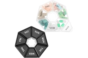 YUXIANLB Tygodniowy organizer na tabletki, 2 szt., przenośny, 7-dniowy, podróżny, organizer na pigułki, małe etui na tabletki, pudełka z dozownikiem, pojemnik na witaminy (czarny i przezroczysty)