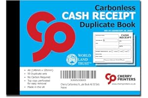 CHERRY PRINTERS Cherry Carbonless Cash Receipt Book A6, 2-częściowy zduplikowany zapis płatności NCR, 50 zestawów perforowanych górnych kopii do łatwego wyjmowania, kompaktowy i przenośny, dla małych firm i
