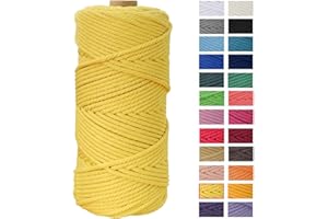 Macrame Cord 4mm x 109 Yards, JeogYong Thick Natural Cotton Cord Yarn Thread, 4-Strand Twisted Spool Twine String Cotton Rope for DIY Crafts, Wall Hangings, Plant Hangers, Home Decorations (Yellow)