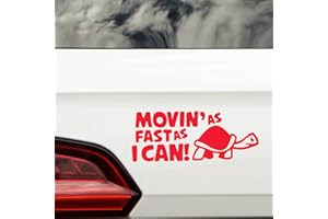 HATCHERABILIA Novelty Movin As Fast As I Can Funny Car Stickers - Van Stickers - Campervan Decals - New Driver Sticker - Bumper Stickers - Funny Car Accessories (21cm x 9cm, Red)