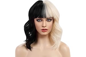 Haircube, Parrucca corta e riccia bianca e nera con frangia da donna, stile Cruella Deville, capelli sintetiche resistenti al calore, per feste, Cosplay, Halloween
