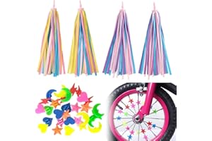 TRKETK 2 Paia Nappe Bici e 36 Perline per Raggi, Accessori per Ragazze con Nastri Colorati e Nappe Decorazione dei Raggi Bici Manubrio Stelle Filanti Streamers