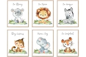 Auguriando Set di 6 Poster Stampe Immagini per la cameretta dei bambini, decorazione per bambini, formato A4, tema animali della foresta, Safari, Africa - senza cornice
