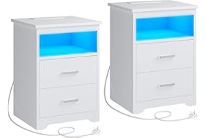 KIMENICH Bedside Table Set of 2 with LED Lighting, Bedside Cabinet with Charging Station, Nightstand, USB Ports, 2 Drawers, for Bedroom, Living Room, White