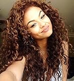- - Peluca con malla de encaje frontal y completa, pelo humano brasileño virgen, castaño, ondulado y decolorado, con línea de pelo natural, para mujeres de pelo muy rizado, de Leomi