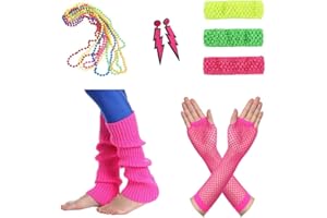 Amaza Disfraz Años 80 Mujer Accesorios Guantes Calentadores Collares Pendientes Diademas (Multicolor)