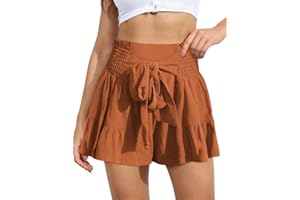 ABINGOO Shorts en Lin Été Femme Taille Haute Shorts Ourlet à Volants Taille Élastique Plissé Shorts de Plage Amples Fluide