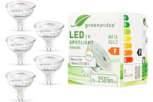 greenandco 5x MR16 GU5.3 | regulable | sustituye 28W | blanco cálido 2700K | IRC 90+ | 3W 250 lm | 38° | sin parpadeo | COB LED spot | 12V AC/DC