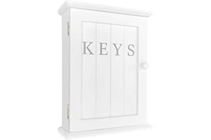 GreyZouq White Wooden Key Cabinet with 6 Hooks- text print keys design- Wall-Mountable Country Home Style with Magnetic Door Closure - Organize and Secure Your Keys in Style!