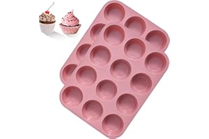 BASVII 2 Teglia per Muffin Silicone, 12 Stampi, 29.2 x 22 x 2.8 cm, Stampo Muffin, Stampi per Muffin Rivestimento Antiaderente per Muffins, Cupcake (Rosa)