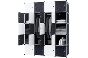 ‎YRHOME YRHome DIY Regalsystem Kleiderschrank Schrank Garderobenschrank mit Tür Steckregalsystem Garderoben Steckregal Standregal Schwarz Weiß (20 Boxen mit Kleiderschrank)