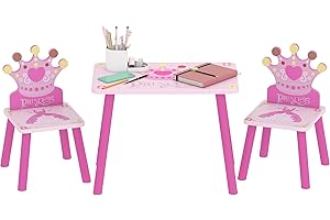 HOMCOM Set Tavolo e 2 Sedie a Tema Principesse per Cameretta Bambini in Legno Rosa con Schienale a Forma di Corona