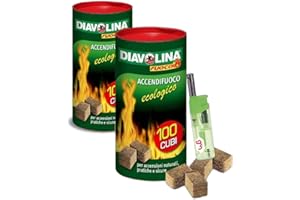 MAGAZZINI GM Diavolina Accendifuoco Ecologico 100pz, Accensione Istantanea Naturale Pratica Sicura per Camino, Stufa, Legna, Barbecue con Accendino GM (2 CF + accendino)