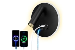 Uksunvi LED Lampa do czytania Lampa ścienna USB Type-C Dwa ładowanie usta Regulowany 12W LED reflektor 3000K Lampa ścienna Aluminiowa lampa łóżkowa Obrotowa czarna (Okrągły czarny)
