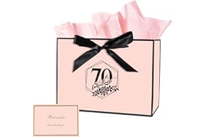 BLICEON 70th Birthday Gift Bag, 70th Birthday Gifts for Women, Medium Bow Gifts Bag with Wrapping Paper and Card, Birthdays Supplies for Women Celebration Gift Bags (Pink)