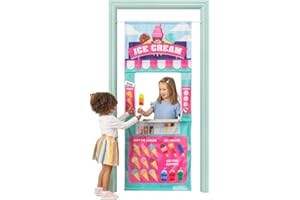 PLAYHOUSE Pop Up Play Town Hanging Doorway Ice Cream Shop, Kids Role Play Toys with Curtain and Tension Rod for Kids 3-7